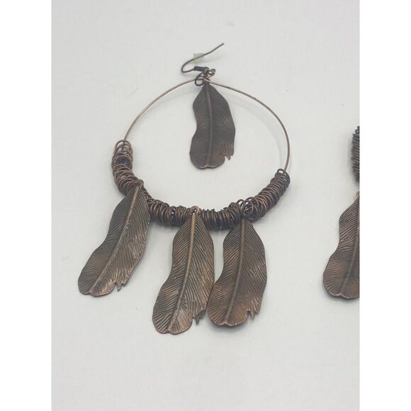 Boho Tribal copper feather hoop dangle French hook statement earrings. - Picture 5 of 7